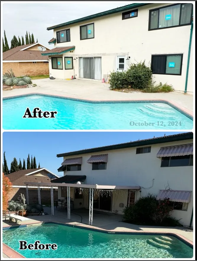 Before and after demolition of patio cover and cleanup at a Southern California pool house