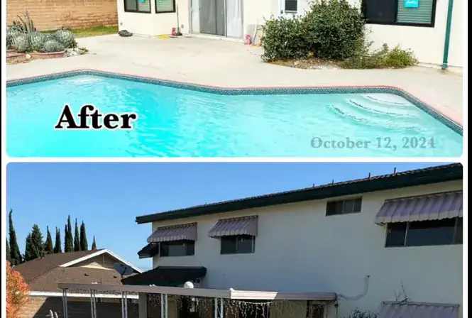 Before and after demolition of patio cover and cleanup at a Southern California pool house